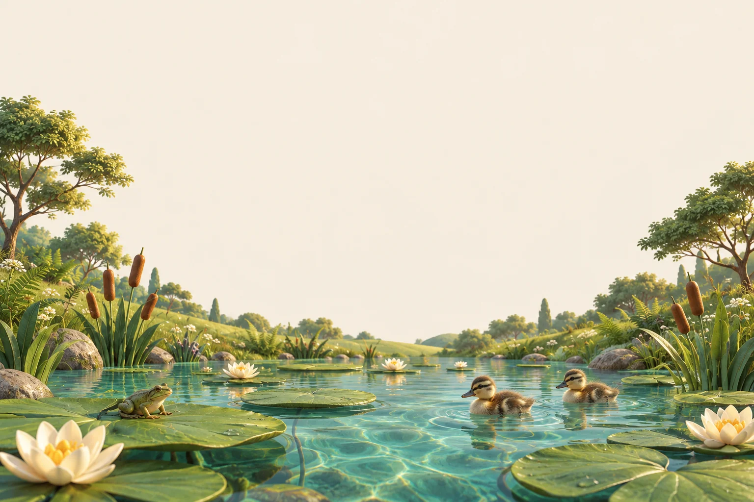A crafted pond world with veined lily pads, a small frog and swimming mallard ducklings.